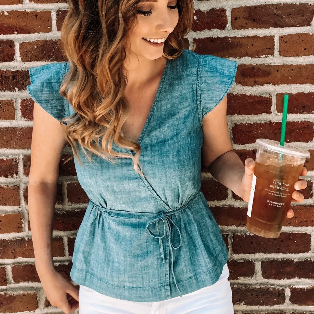 J by J Crew Flutter Sleeve Chambray Top